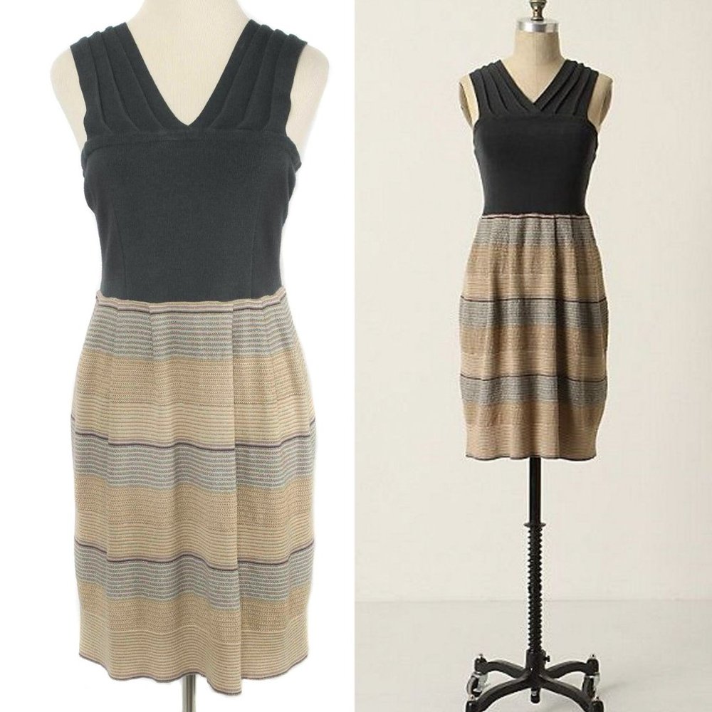 Anthro KNITTED & KNOTTED Black & Tan Wool Blend ‘Shimmer Stripes’ Knit Dress
